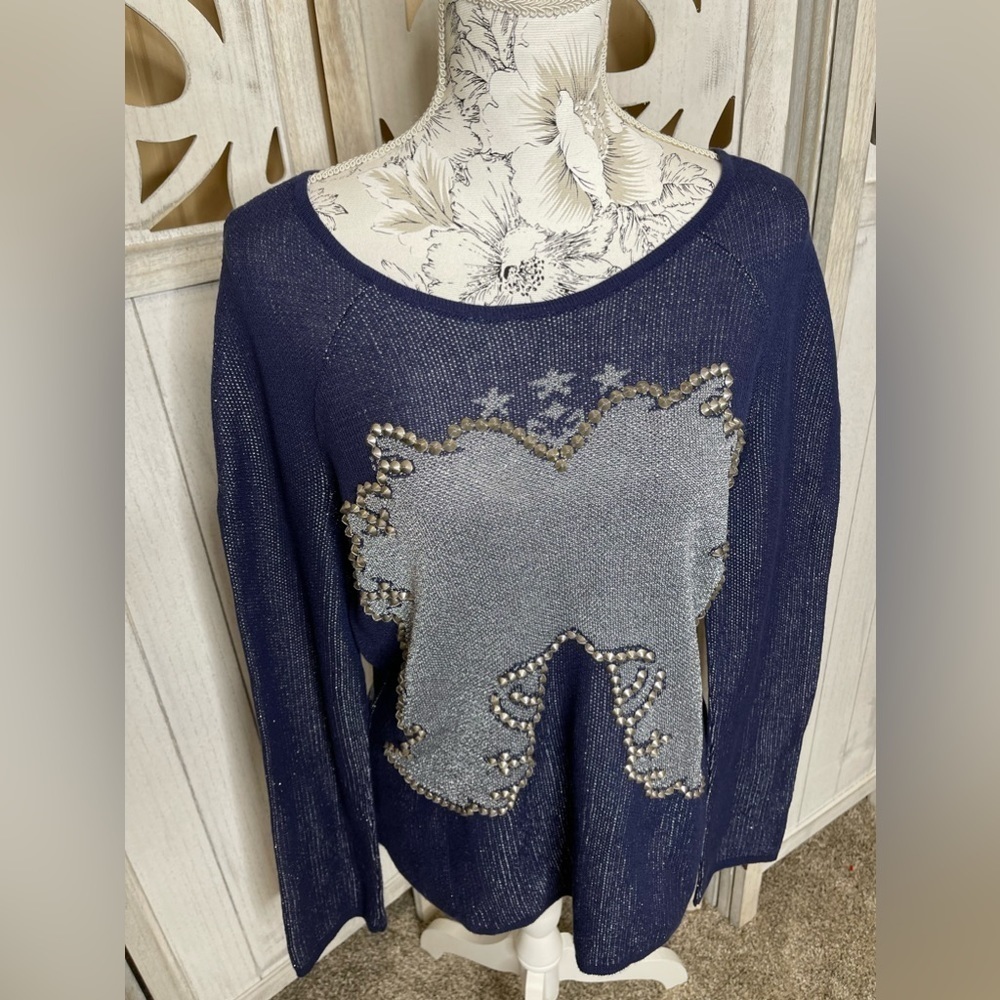 Cecilia Prado Top Blue Metallic Silver Studded Light Sweater Size XL Anthro